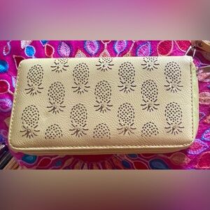 Fun pineapple pale yellow leather wallet with small studs. Apx 7 x  4”.  EUC .